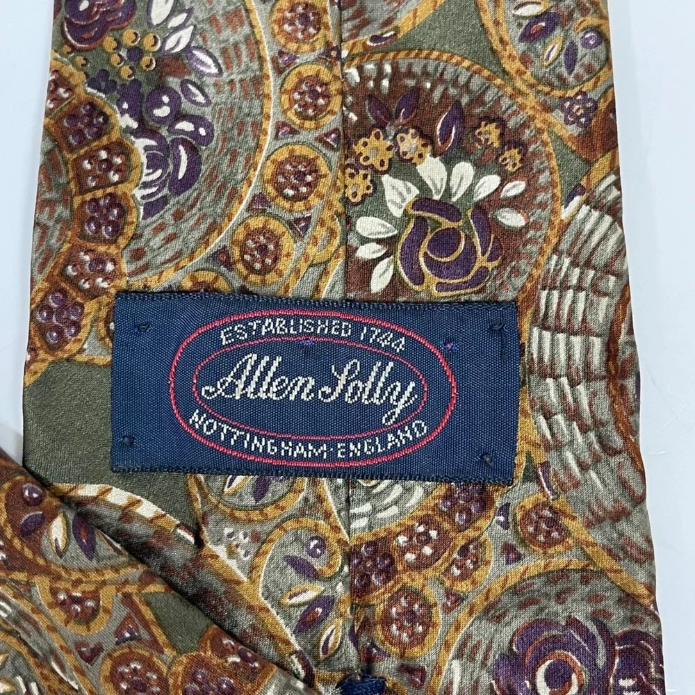 Vintage Allen Solly Silk Necktie Tie Green Purple Paisley Floral Medallion Print